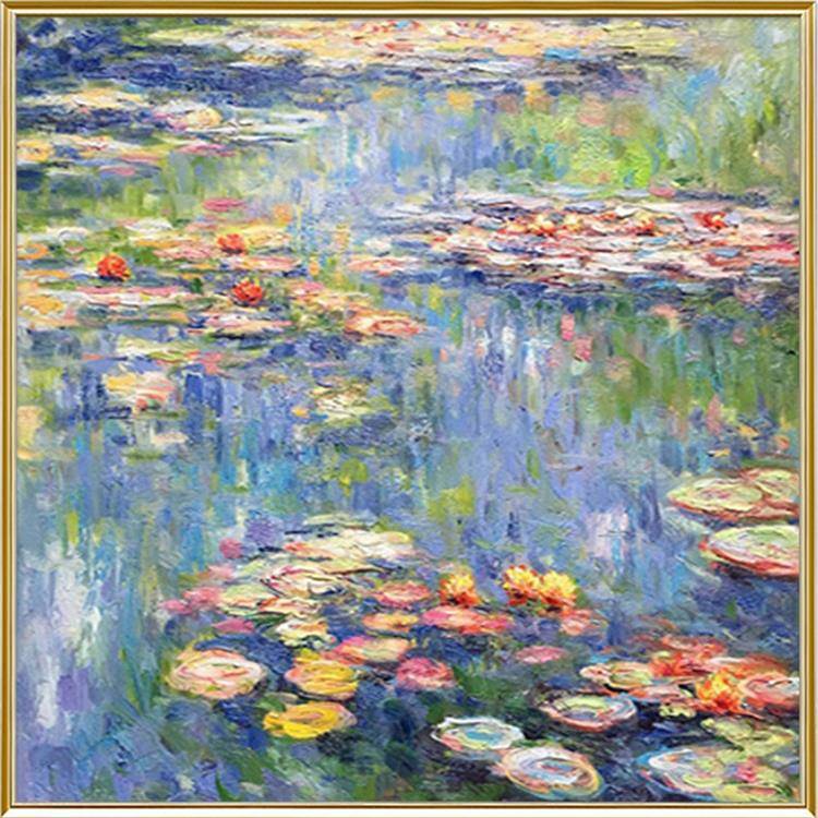 油挂挂画高档客厅画画现代欧式玄关壁画大幅正方形莫奈XWT莲睡装