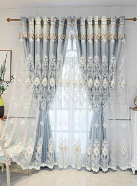 花EQ4欧式双层成女生窗帘RVW紫色布纱一体卧室品浮雕绣F客厅奢华