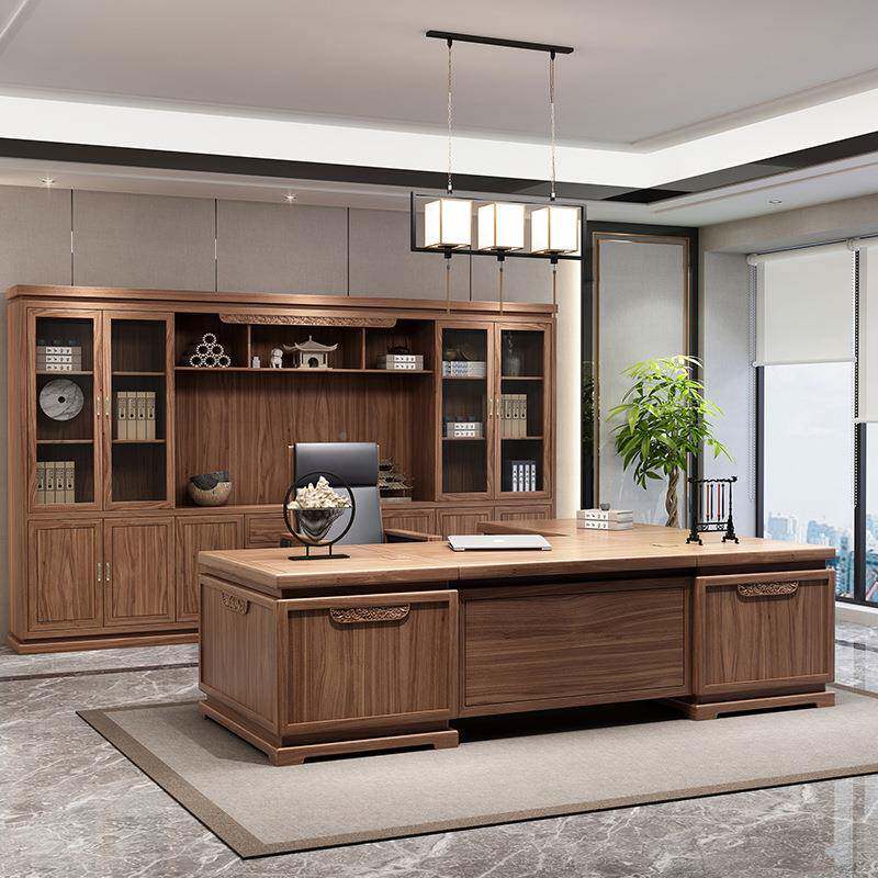 新中式老板桌办公室总台裁班桌书柜组合大式54654气办大公桌宋大