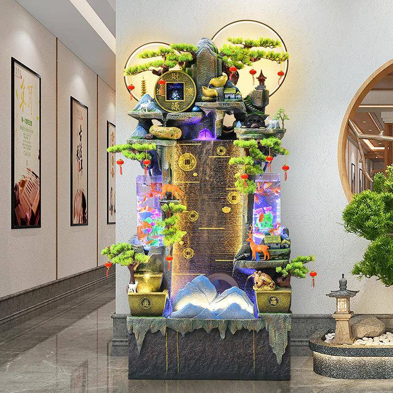 新中式创NLI意假山缸循环流摆水喷泉件办公室客鱼玄关招财背景装
