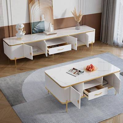 代简约茶几电视柜组EIX合小户储型轻奢现岩板客厅极地简网红白色