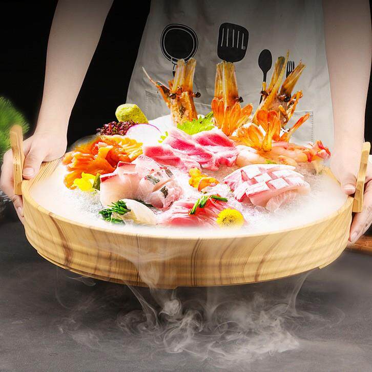 三文鱼冰盘仿提商手TTU刺身盘塑料盘子形木鱼生冰板圆寿司桶海鲜