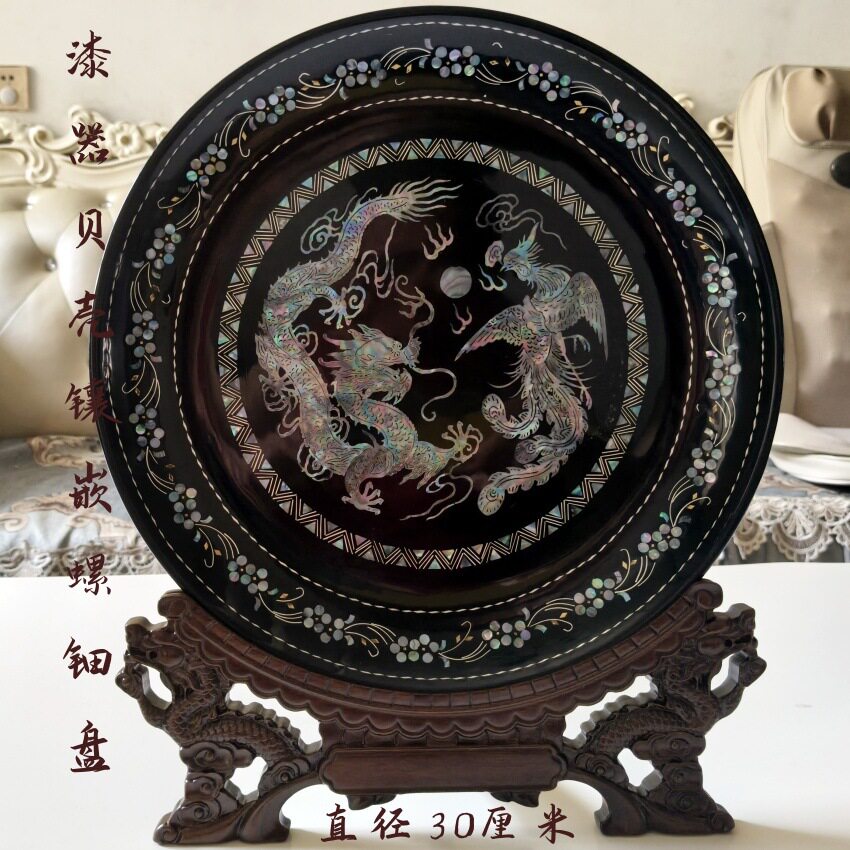 螺钿贝壳镶嵌脱胎漆艺圆盘摆件