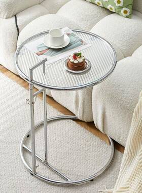 茶几圆形中古风沙发阳角透明钢化玻VZQ璃边小客厅直台小卧室床头