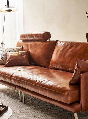 复VIC古沙风中油古蜡皮美式中古风发客厅小户型直排三人位