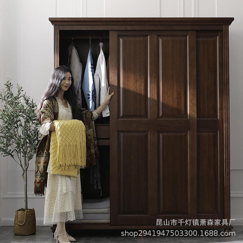 小美式全实木双门推拉门衣柜