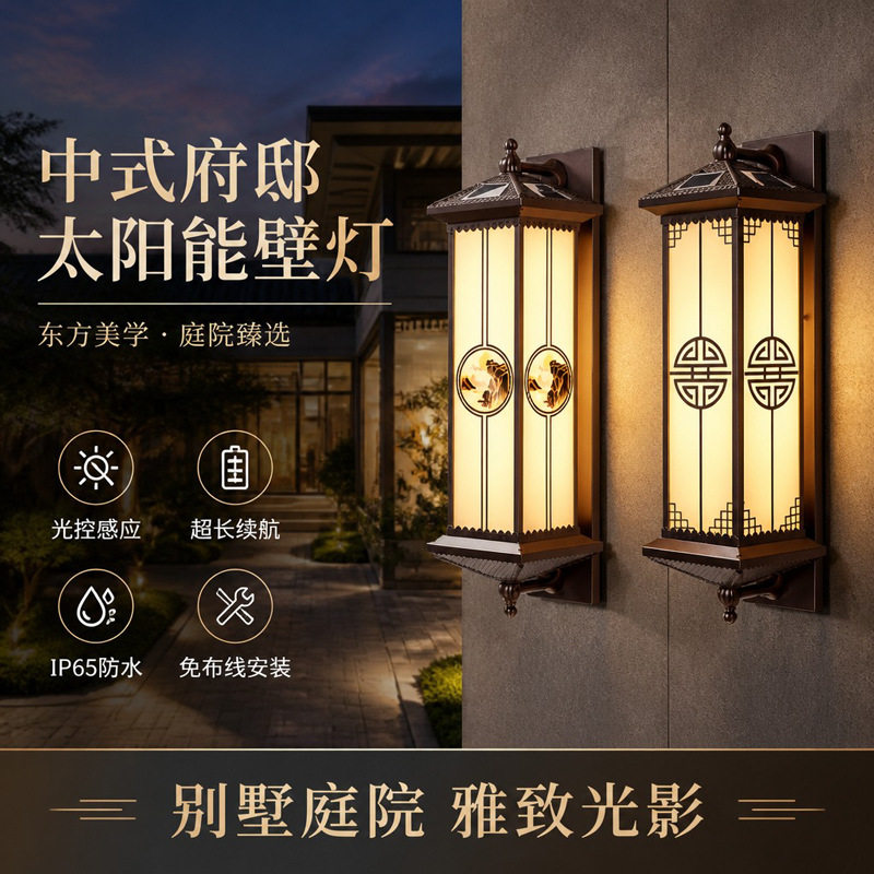 太阳能户外壁灯防水别墅外墙灯新中式室外门柱庭院围墙柱灯