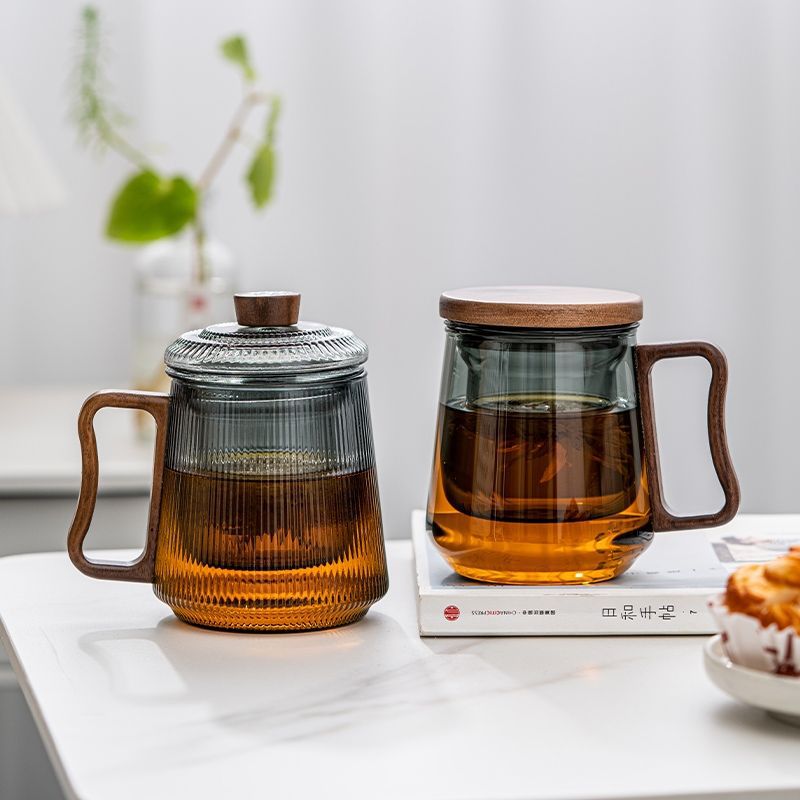 透黑玻璃茶水分离木盖青衫杯