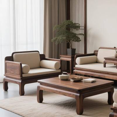 北罗美黑胡桃木新式实木中床沙发汉组合榻985茶室接待高端别墅沙