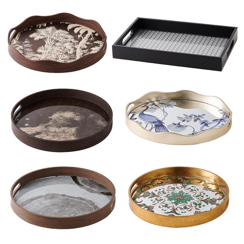 现代简约长方形黑色透明底玻璃托盘居家桌面装饰品圆形收纳盘摆件