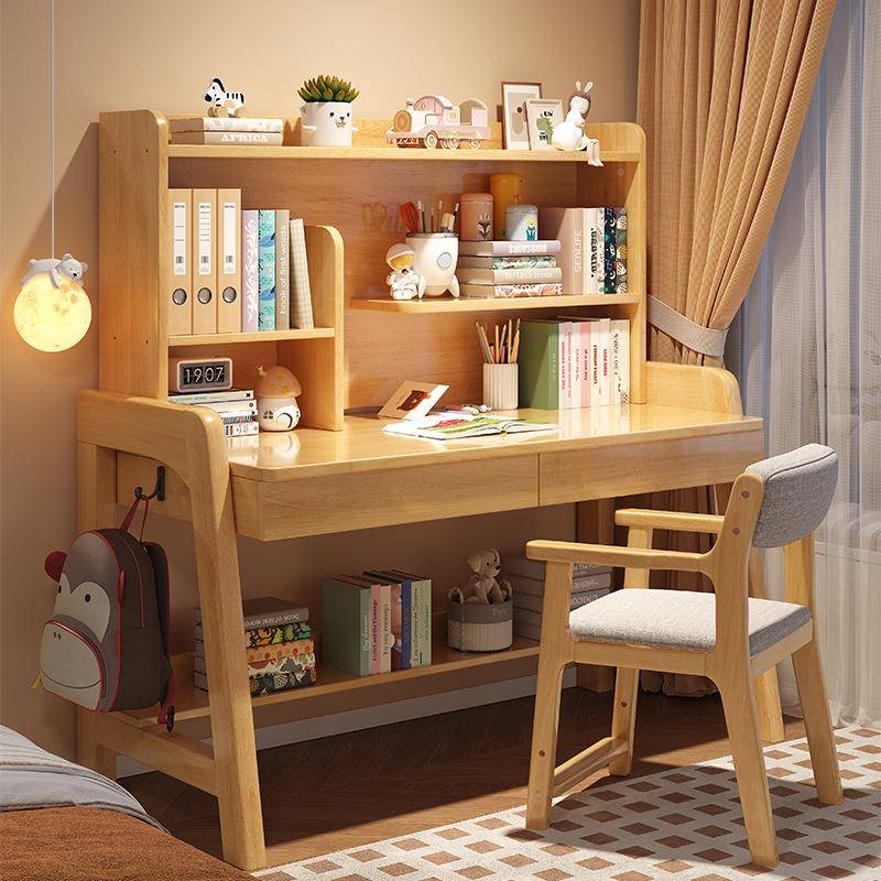 实木桌带926书架中小生学习桌简童约家用儿学写字桌书可升降桌椅