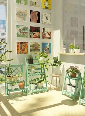 ?阳台小花架植ILB架架摆复古实木置物物架飘窗多肉落地式花子花盆