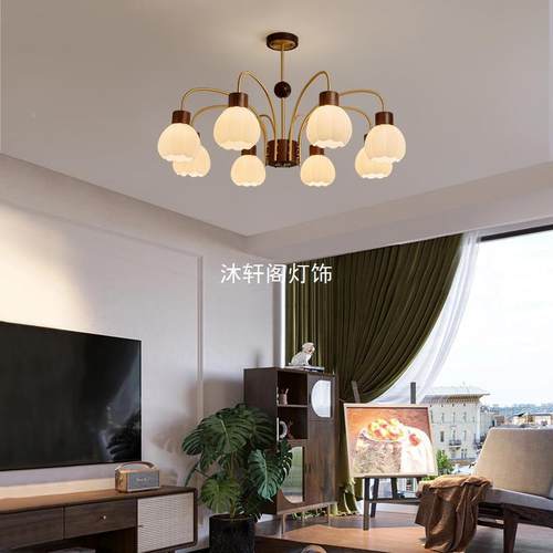 新中式全铜吊花苞胡桃客中古厅灯简轻约现代大气奢胡桃木复灯古卧