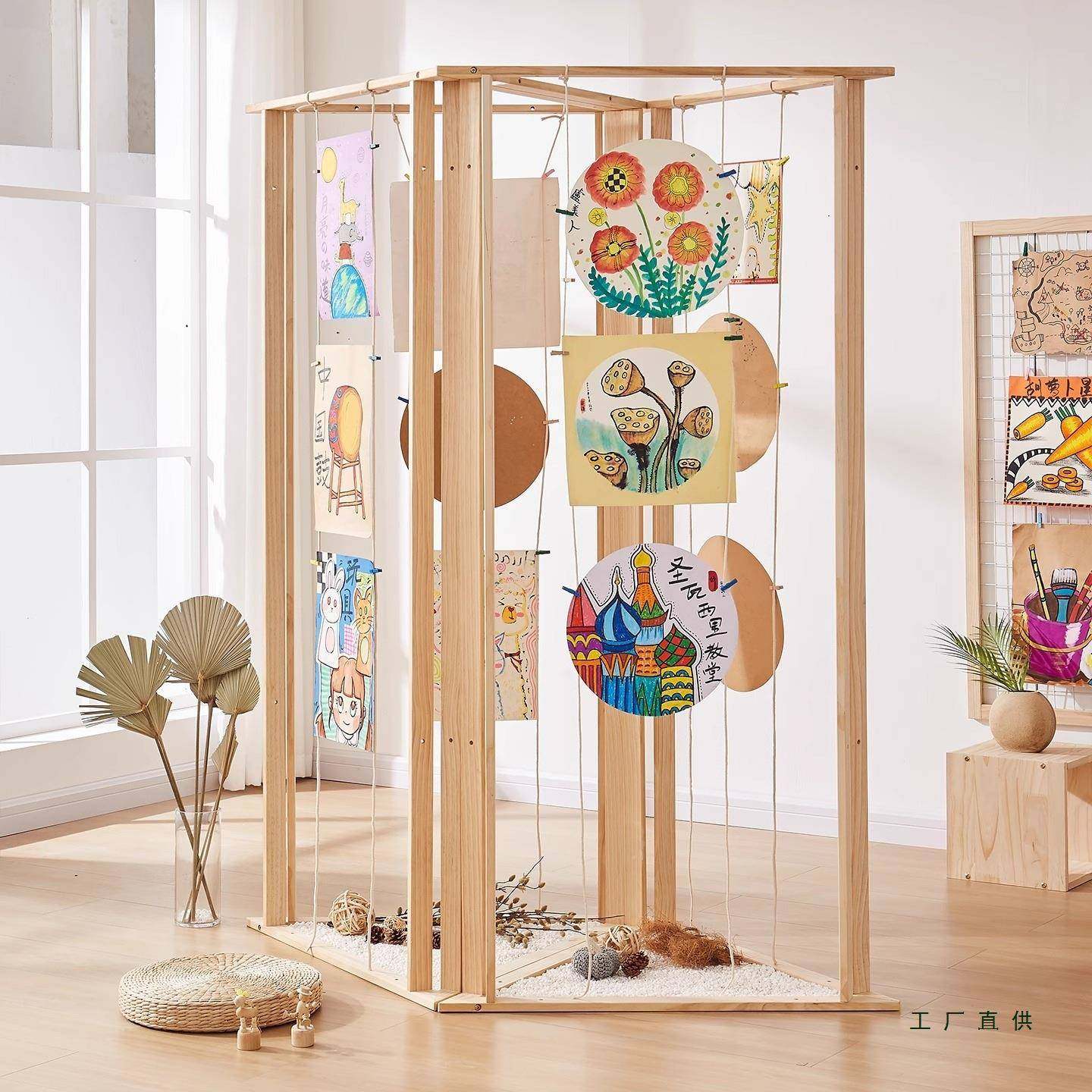 985儿园书法美术作品展架屏风隔断折叠移挂动屏网格绳风画展展示