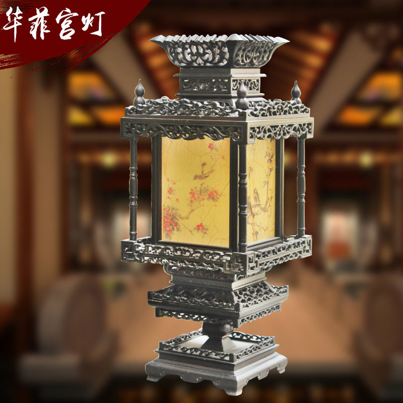 华菲工艺深色雕刻古桌灯 中式仿古木制实木古典灯笼家居装饰灯具