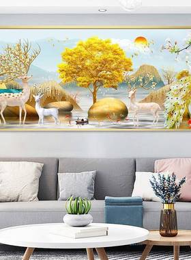 绣202十5年新款KXM线绣客厅手工自己刺绣风景财麋发鹿字孔雀大气