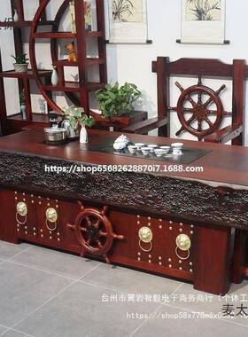 老船木茶高桌全套中式实木茶茶桌椅组合办YNI公室家用喝桌套麦太