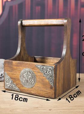 厅泰实木国手提篮桌面TL010045收纳调味架篮干果水果篮客家用复古