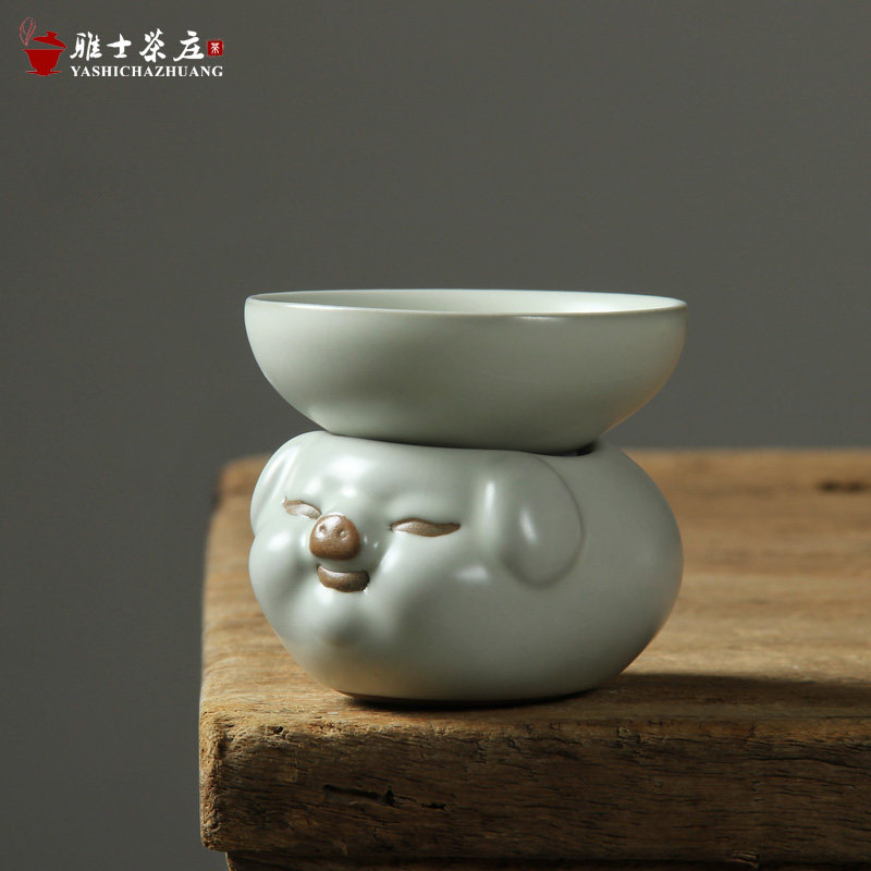 汝窑茶漏茶滤创意小猪底座过滤器过滤网功夫茶具陶瓷漏斗茶道配件图片