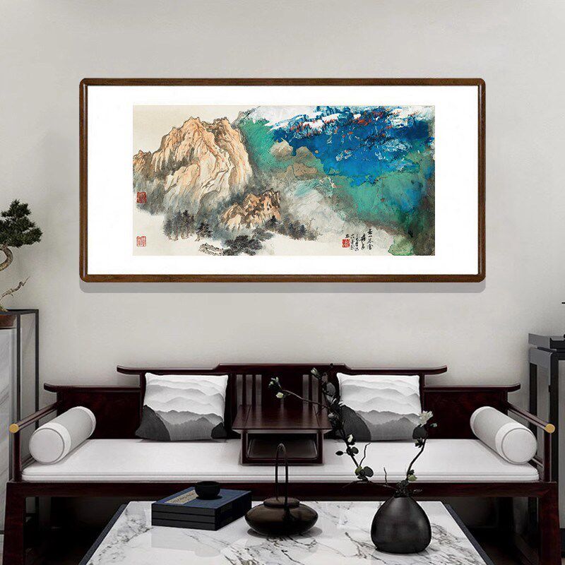 国画泼墨山水画客厅装饰画办公室背景墙大气壁画张大千春山暮雪图