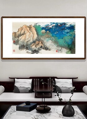 国画泼墨山水画客厅装饰画办公室背景墙大气壁画张大千春山暮雪图