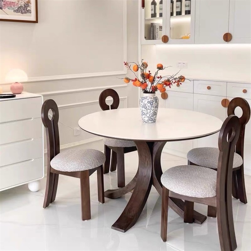 德利丰岩板餐桌圆形带转盘餐台现代简约意式高端白蜡木实木圆桌