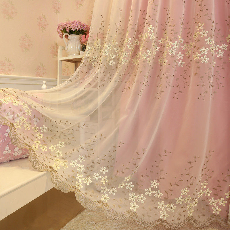 欧式田园粉色公主遮光窗帘成品白色纱帘刺绣花韩式窗纱卧室落地窗
