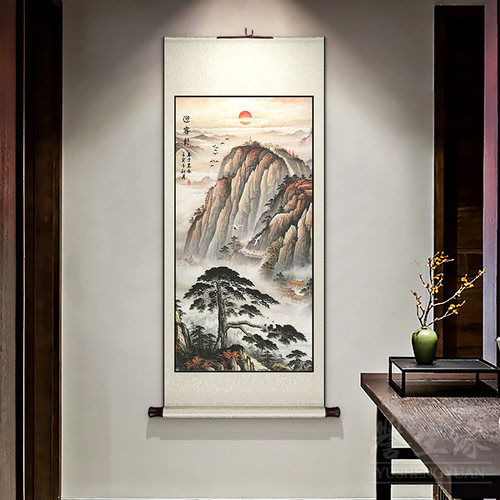 风景山水画中式卷轴挂画玄关装饰画竖版客厅过道墙画餐厅书房壁画