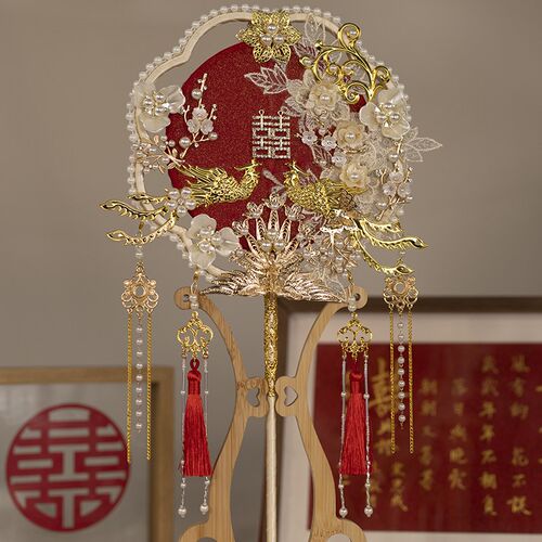团扇新娘结婚diy材料包 中式婚礼秀禾重工扇子高级感成品红色喜扇
