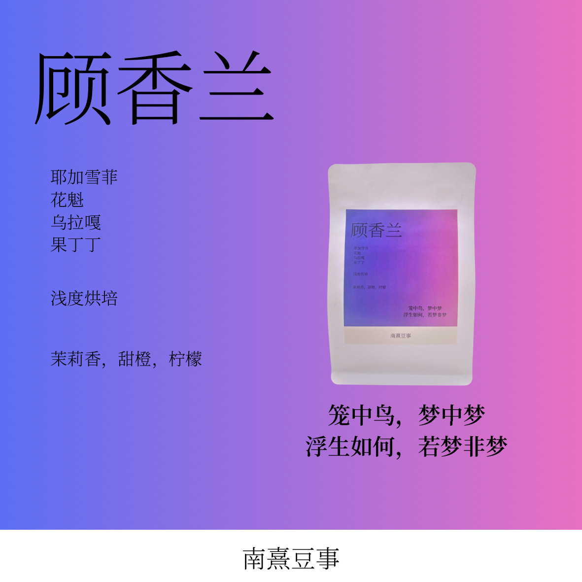 顾香兰｜耶加雪菲花魁乌拉嘎果丁丁浅烘茉莉花甜橙柠檬风味咖啡豆