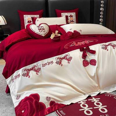 高档中结婚四件套大红色婚庆棉被婚房喜套纯被新婚式TMM-545陪嫁
