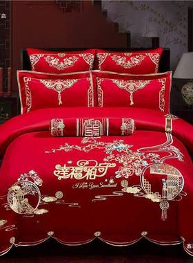100926支新庆四套结婚纯件棉六大红刺绣婚喜被套绣花床上用婚品