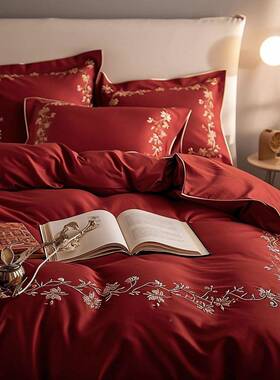 欧式浪结四件套婚红色婚庆喜刺绣pxx10032被套床单床上用感品时漫