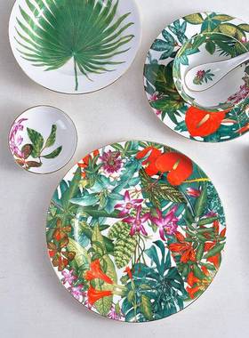 轻奢陶瓷丛林餐具创意林瓷热45045带雨系列餐盘饭碗西汤家用餐具