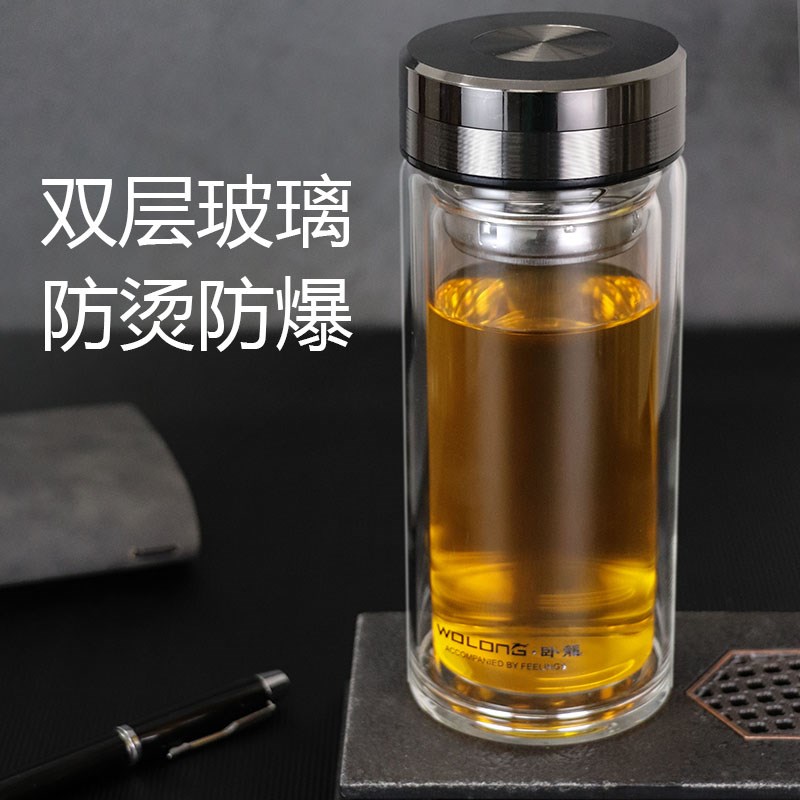 卧龙双层玻璃杯加厚办公泡茶杯带把耐热防烫便携水杯男大容量杯子