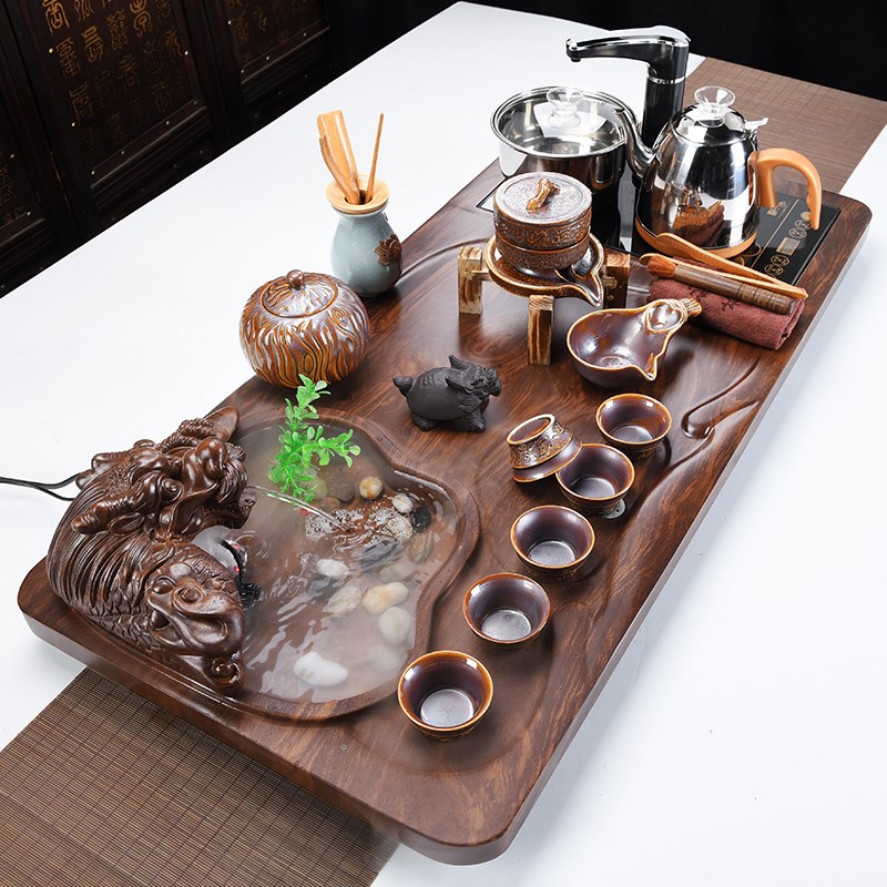 雾化流水石茶具套装家用全自动电热磁炉一体上水整套实木茶盘茶台