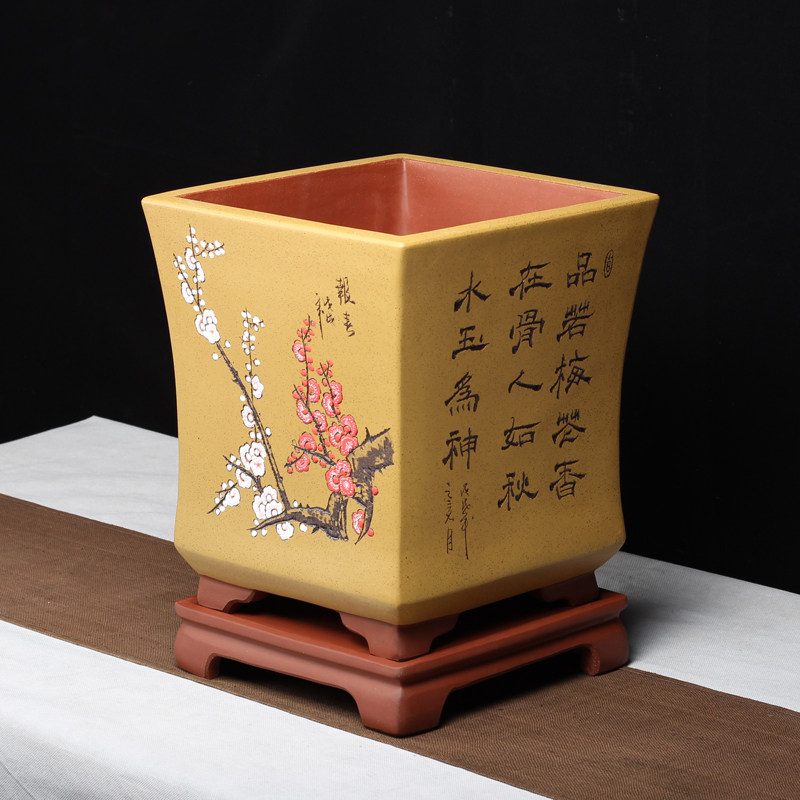 宜兴紫砂盆景花盆段泥彩绘家用庭院桌面大号中号园艺绿植花卉排水