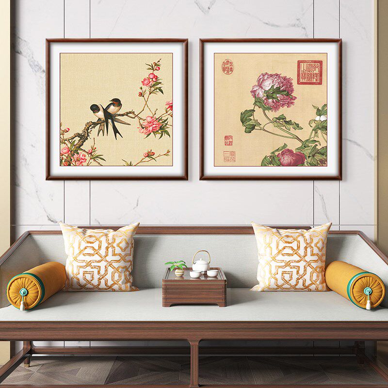 郎世宁花鸟国画中式餐厅装饰画饭厅斗方挂画客厅玄关背景墙实木框