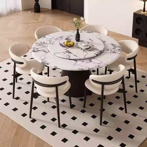 贵祺岩板餐桌椅组合中古风2024新款实木餐桌现代简约吃饭大圆桌