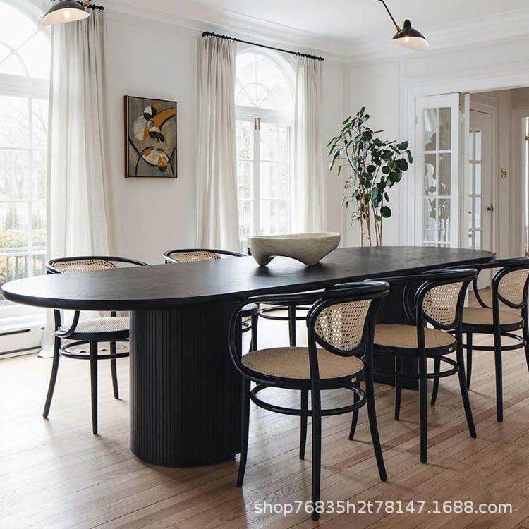 法式复黑色MLC实木餐桌桌椅古组合样餐板大理石桌椭圆形中岛台间