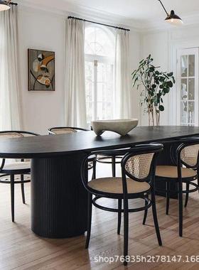 法式复黑色MLC实木餐桌桌椅古组合样餐板大理石桌椭圆形中岛台间