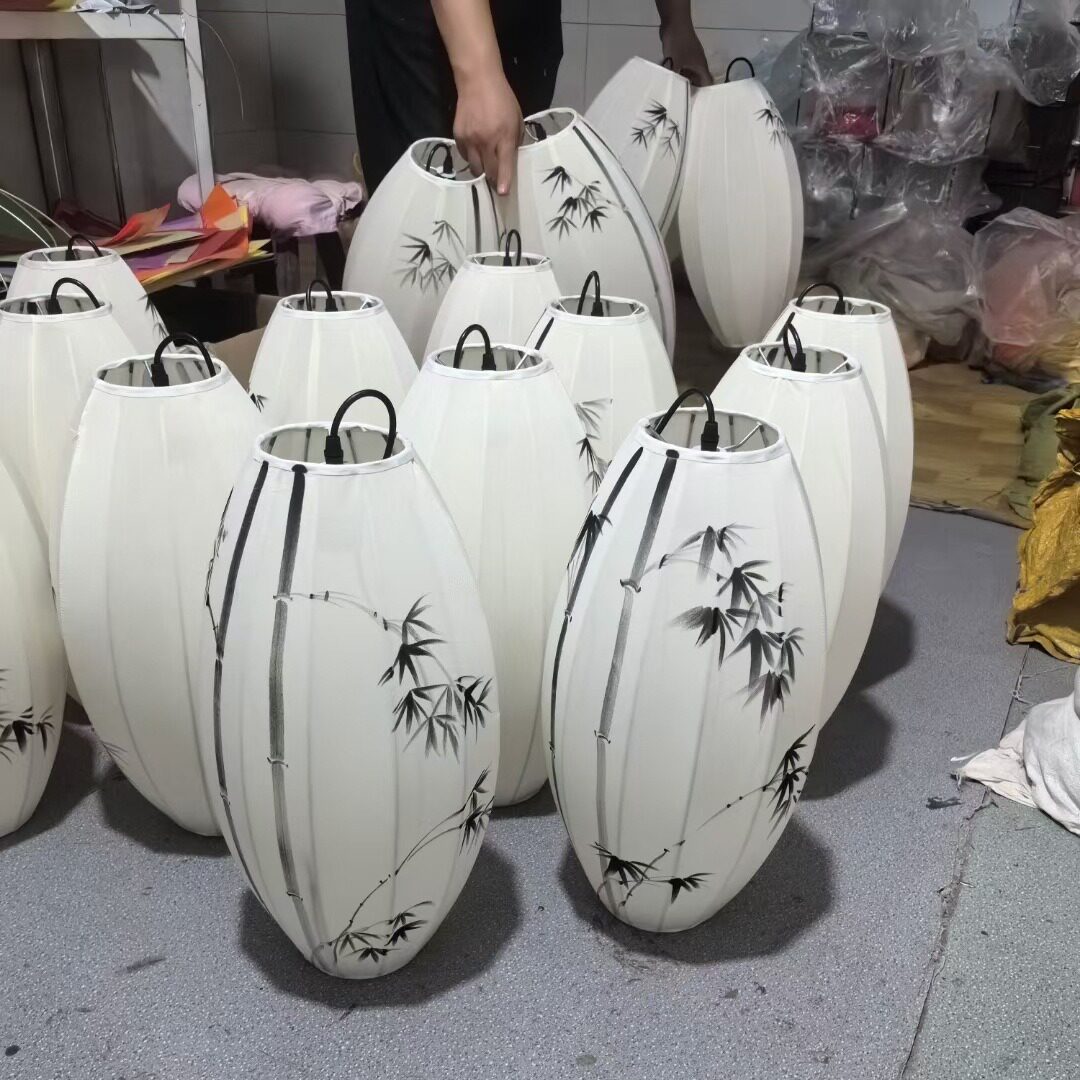 吊灯新中式手绘玄关过道灯笼餐厅酒楼手工布艺铁艺庭院茶楼橄榄灯