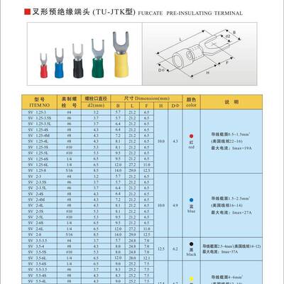 国标紫铜叉S型预绝缘端头V1.25//3.5/55-3.27/.4/2IIU5/6冷压端子