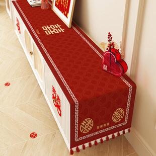 婚视柜桌布新婚红色喜结庆装饰PZM布置长条盖布婚喜电事房氛围感