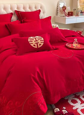 刺套绣F77587J7结婚件套红色纯品棉床单被感婚庆床上用四喜被