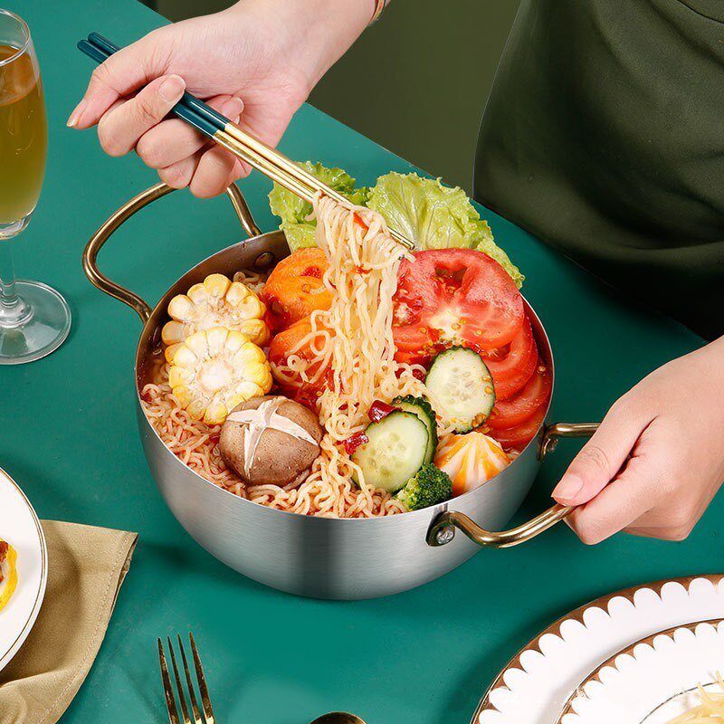 韩式拉面锅不锈钢汤锅双耳泡面锅家用煮面锅餐厅创意小煮锅电磁炉