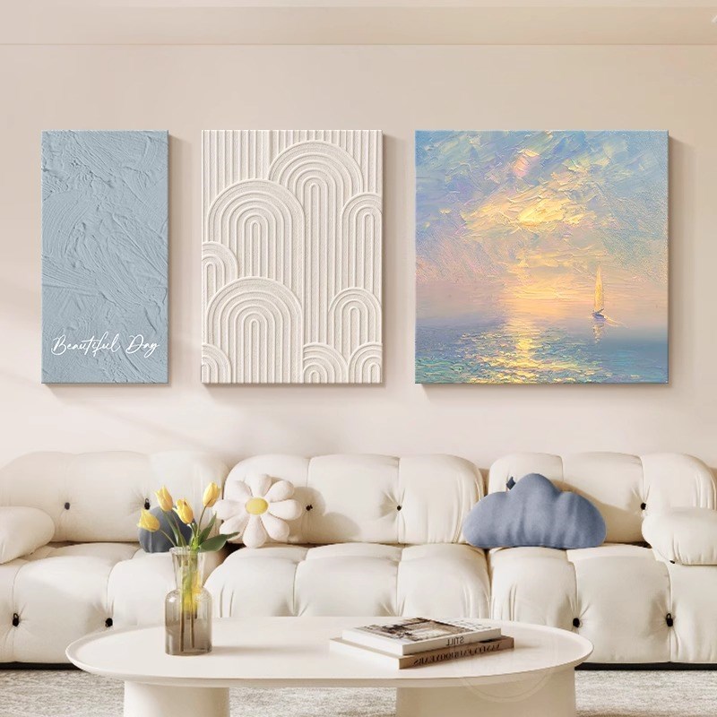 奶油风客厅装饰画日出海景抽象肌理感三联壁画组合沙发背景墙挂画