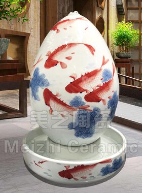 玄关手绘陶瓷加湿器花瓶鸿运当头流水生财摆件循环水景陶罐喷泉缸