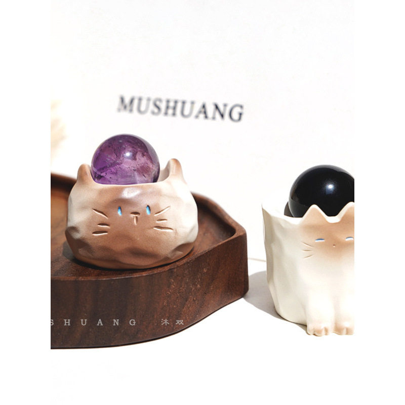 【有球必应】天然水晶球摆件 黄白紫粉黑曜石小豆丁猫猫 原石招米