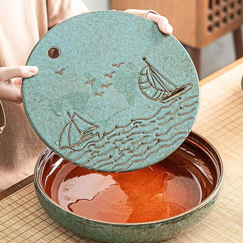 家用陶瓷储式水盘日圆酒形茶盘大号泡盘茶台店728茶干具用品家用
